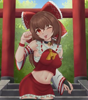 1girl :3 :p ;3 ;p armpit_peek ascot bare_shoulders bell black_bridal_gauntlets black_collar black_thighhighs blue_sky bow breasts bridal_gauntlets brown_hair chest_sarashi closed_mouth collar collared_vest commentary day detached_sleeves english_commentary eyelashes frilled_bow frilled_skirt frills hair_between_eyes hair_bow hakurei_reimu hand_up highres jingle_bell leaning_forward long_hair long_sleeves looking_at_viewer maruginoru medium_breasts midriff miniskirt navel neck_bell one_eye_closed outdoors paw_pose red_bow red_eyes red_skirt red_sleeves red_vest ribbon-trimmed_sleeves ribbon_trim sarashi single_bridal_gauntlet skirt skirt_set sky smile stairs standing straight_hair thighhighs tongue tongue_out torii touhou two-tone_background vest white_bow white_sleeves wide_sleeves wristband yellow_ascot zettai_ryouiki