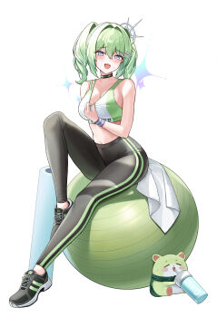 1girl absurdres ball bare_shoulders black_choker black_leggings black_shoes blue_eyes chico_(yuzuha_riko) choker commentary crop_top exercise_ball green_hair hair_ornament hatae0226_(hty) highres leggings long_hair looking_at_viewer midriff navel open_mouth shoes simple_background sleeveless smile sneakers solo sports_bra stellive sweat sweatband symbol-only_commentary twintails two-tone_sports_bra virtual_youtuber white_background white_sports_bra yuzuha_riko