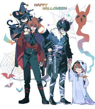 4boys :o aged_down akechi_gorou alternate_costume amamiya_ren animal_ears bandages black_boots black_cape black_hair black_hat black_horns black_jacket black_pants blue_shirt boots brown_hair candle cape cat_ears child commentary cross demon_horns ears_through_headwear full_body fur-trimmed_shirt fur_trim ghost_costume halloween halloween_costume happy_halloween hat highres holding holding_candle holding_cross holding_lantern holding_wand horns jacket jacket_partially_removed kemonomimi_mode lantern long_sleeves looking_at_viewer male_focus metoerwarrior multiple_boys pants persona persona_5 purple_cape red_eyes red_shirt shaded_face shirt silk simple_background sitting_on_shoulder spider_web standing time_paradox wand white_background witch_hat