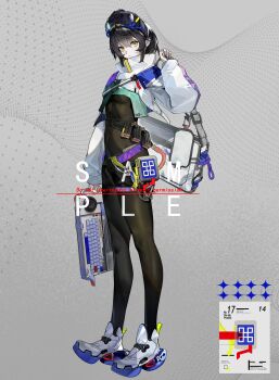 1girl absurdres bag black_hair black_shorts bodystocking breasts chengzhihuan closed_mouth commentary_request computer_keyboard covered_navel fine_fabric_emphasis full_body goggles goggles_on_head grey_background highres holding holding_bag holding_computer_keyboard long_sleeves looking_at_viewer original sample_watermark shoes short_shorts shorts small_breasts sneakers solo watermark white_bag yellow_eyes