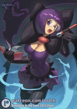 1girl black_gloves black_pantyhose blunt_bangs bob_cut book bow breasts cleavage elbow_gloves ghost glasses gloves holding holding_book holding_pen large_bow large_breasts looking_at_viewer low-cut nib_pen_(object) nintendo open_mouth orlek pantyhose pen pokemon pokemon_bw purple_eyes purple_hair purple_shirt purple_skirt round_eyewear shauntal_(pokemon) shirt short_hair skirt smile