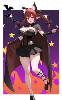 1girl absurdres animal_ears black_cape black_corset black_shoes black_skirt braid breasts cape cat_ears cat_girl cleavage commentary_request corset extra_ears fang fingernails full_body gradient_background halloween halloween_costume highres kaenbyou_rin large_breasts legs long_fingernails long_hair looking_at_viewer nail_polish parted_lips pointy_ears red_eyes red_hair red_nails sharp_fingernails shoes skirt slit_pupils smile solo sugar_you thighs touhou twin_braids