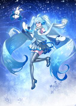 1girl 1other absurdly_long_hair absurdres ahoge aqua_eyes aqua_hair arm_tattoo blue_necktie blue_trim blush boots detached_sleeves hair_between_eyes hair_ornament hatsune_miku highres long_hair long_sleeves looking_at_another mittens necktie number_tattoo open_mouth rabbit rabbit_yukine scarf shirt skirt sleeveless sleeveless_shirt smile snowflake_print snowflakes tansui_mizumi tattoo thick_thighs thigh_boots thighhighs thighs twintails very_long_hair vocaloid white_hair white_mittens white_scarf white_skirt wide_sleeves yuki_miku yuki_miku_(2011) zettai_ryouiki