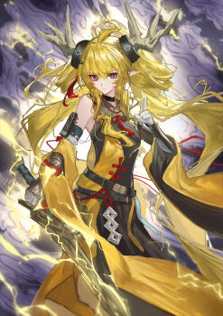 Rule 34 | 1girl, :|, absurdres, arknights, armpits, bare shoulders, black choker, black dress, blonde hair, bright pupils, brown horns, chinese knot, choker, closed mouth, commentary, cowboy shot, detached sleeves, dot nose, dress, electricity, electrokinesis, eyeliner, gloves, hair between eyes, highres, holding, holding sword, holding weapon, horns, leizi (arknights), leizi the thunderbringer (arknights), lightning, long hair, looking at viewer, makeup, originium arts (arknights), pointy ears, purple eyes, red eyeliner, sleeveless, sleeveless dress, solo, sword, symbol-only commentary, very long hair, weapon, white gloves, white pupils, yiyanbanshengchou