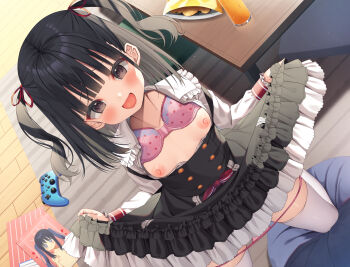 1girl :d absurdres asa_no_ha_(awayuki) black_dress black_eyes black_hair blunt_bangs blush bra bra_lift breasts chips_(food) clothes_lift controller dress female_focus food frilled_dress frills game_controller glass highres indoors kneeling loli looking_at_viewer nipples non-web_source open_mouth original panties panty_pull pink_bra polka_dot polka_dot_bra potato_chips small_breasts smile solo table thighhighs underwear white_thighhighs wooden_floor