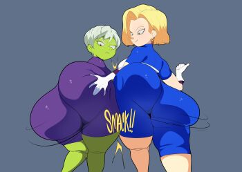 absurdres android_18 ass ass_focus back backboob barrybbeesly blonde_hair blue_eyes breasts cheelai colored_skin dragon_ball dragon_ball_super dragon_ball_super_broly dragonball_z ear_piercing elbow_gloves gloves grabbing_another's_ass green_skin highres huge_ass medium_breasts medium_hair piercing purple_eyes short_hair silver_hair simple_background white_gloves