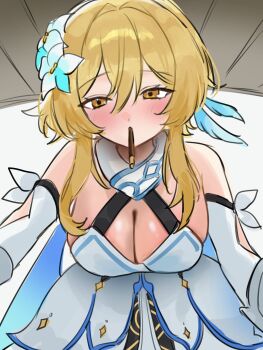 1girl alternate_breast_size_(larger) bare_shoulders blonde_hair blush breasts cleavage commentary_request dress flower food food_in_mouth genshin_impact hair_between_eyes hair_flower hair_ornament highres ikurumidwd large_breasts leaning_forward looking_at_viewer lumine_(genshin_impact) pocky pocky_in_mouth short_hair_with_long_locks solo white_dress white_flower yellow_eyes