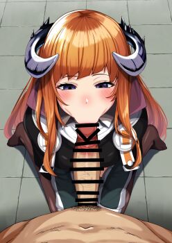 1boy 1girl :&gt;= absurdres arknights bagpipe_(arknights) bar_censor blush censored clothed_female_nude_male dress fellatio hair_ribbon highres horns male_pubic_hair nude oral orange_hair pantyhose penis pubic_hair purple_eyes ribbon sitting solo_focus tenken_(gotannda) wariza