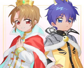 2boys antenna_hair arm_at_side black_coat blonde_hair blue_eyes blue_hair bright_(futagohime) buttons capelet cloak closed_mouth coat commentary crest crown fingernails fur-trimmed_capelet fur-trimmed_cloak fur-trimmed_crown fur-trimmed_sleeves fur_trim fushigiboshi_no_futago_hime gem gold_crown gold_trim green_gemstone grey_capelet hair_between_eyes hand_on_own_chest hand_on_own_hip highres jeweled_crown jewelry long_sleeves looking_at_viewer male_focus multicolored_coat multiple_boys necklace prince red_cloak serious shade_(futagohime) short_hair side-by-side simple_background sleeve_cuffs smile spiked_hair turtleneck_coat two-tone_coat upper_body white_background white_coat yellow_coat yuzutaroman