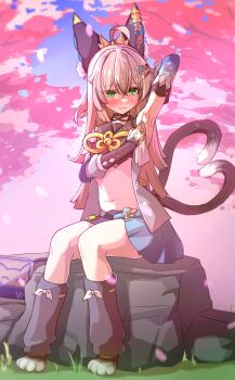 1girl absurdres ahoge animal_ear_fluff animal_ears arm_behind_head armpits averting_eyes black_choker black_socks blurry blush box brown_hair cardboard_box cat_ears cat_feet cat_girl cat_tail cherry_blossoms choker commentary_request depth_of_field detached_sleeves genshin_impact green_eyes hair_between_eyes hair_ornament hairclip handkerchief highres holding holding_handkerchief japanese_clothes kirara_(genshin_impact) kneehighs kyaong long_hair multiple_tails navel nekomata outdoors petals pleated_skirt short_sleeves sidelocks sitting on_tree_stump skirt socks solo stomach tail tree_stump two_tails wiping_sweat