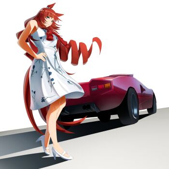 1girl animal_ears bare_shoulders blue_eyes breasts brown_hair car closed_mouth dress green_eyes highres horse_ears horse_girl horse_tail jacket jacket_around_neck jacket_on_shoulders lamborghini lamborghini_countach long_hair maruzensky_(casual)_(umamusume) maruzensky_(umamusume) medium_breasts motor_vehicle official_alternate_costume sleeveless sleeveless_dress solo sports_car sweater_around_neck tail toyeeta_prius umamusume white_dress