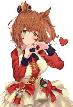 1girl animal_ears aston_machan_(flare)_(umamusume) aston_machan_(umamusume) black_bow black_bowtie blush bow bowtie breasts brown_hair commentary_request crown green_eyes heart heart_hands highres horse_ears horse_girl jacket kaze_ju large_breasts long_sleeves looking_at_viewer mini_crown red_bow red_sash red_scrunchie red_sleeves sash scrunchie shoulder_sash simple_background skirt smile solo tilted_headwear umamusume white_jacket white_skirt
