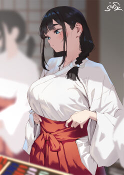 2girls blurry blurry_background braid braided_ponytail breasts commentary_request hakama huge_breasts japanese_clothes jonsun long_sleeves medium_hair miko mole mole_under_eye multiple_girls original red_hakama solo_focus tamami_(jonsun)