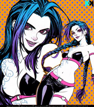 1girl absurdres alternate_costume arm_tattoo armlet asymmetrical_clothes belt black_pants blue_hair braces braid breasts cleavage cloud_tattoo collarbone earrings freckles grin groin heart heart_o-ring highres jewelry jinx_(league_of_legends) koiarts league_of_legends medium_breasts multiple_views navel neck_tattoo o-ring orange_background pants pink_belt pink_eyes polka_dot polka_dot_background polka_dot_hair shoulder_tattoo single_pantsleg smile stomach tattoo teeth thigh_strap twin_braids