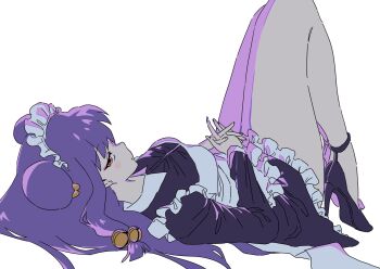 breasts double_bun hair_bun hashtag-only_commentary high_heels highres legs maid nagiko_8x8 on_floor purple_hair ranma_1/2 red_eyes shampoo_(ranma_1/2) simple_background white_background