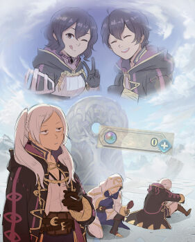 1other 2boys 2girls ;q ahoge bad_id bad_tumblr_id bags_under_eyes belt black_gloves black_hair black_robe blue_sky boots breasts brown_belt brown_boots brown_eyes brown_gloves cigarette cleavage closed_eyes closed_mouth cloud commentary crying day depressed dual_persona english_commentary faceless female_morgan_(fire_emblem) female_robin_(fire_emblem) fire_emblem fire_emblem_awakening fire_emblem_heroes gameplay_mechanics gloves hair_between_eyes highres holding holding_cigarette hood hood_up hooded_robe kiran_(fire_emblem) knee_boots kneeling maiqo male_morgan_(fire_emblem) male_robin_(fire_emblem) multiple_boys multiple_girls nintendo one_eye_closed pants parted_bangs robe shirt short_hair sitting sky small_breasts smile tears teeth tongue tongue_out twintails upper_teeth_only v white_hair white_pants white_robe white_shirt