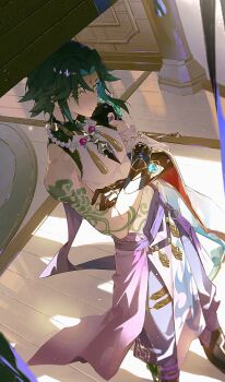 1boy arm_tattoo asymmetrical_clothes bare_shoulders bead_necklace beads chinese_clothes closed_mouth crossed_arms facial_mark forehead_mark genshin_impact gloves green_hair highres jewelry looking_at_viewer male_focus necklace short_hair solo standing tassel tattoo xiao_(genshin_impact) xiaojiaju yellow_eyes