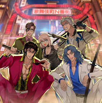 Rule 34 | 1girl, 4boys, ahoge, bare pectorals, belt, bevel, black belt, black hair, black shirt, blue shirt, blurry, blurry background, breasts, cleavage, clenched teeth, commentary request, delinquent, fate/grand order, fate (series), furrowed brow, green eyes, green jacket, grey hair, highres, hijikata toshizou (fate), holding, holding removed eyewear, jacket, multiple boys, okita souji (fate), open mouth, outdoors, pants, pectorals, pink shirt, red pants, saitou hajime (fate), saitou hajime (third ascension) (fate), shirt, slav squatting, squatting, teeth, unworn eyewear, white belt, white pants, yamanami keisuke (fate)