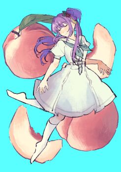 Rule 34 | 1girl, aqua neckerchief, blue background, blush, closed mouth, commentary, dress, food, fruit, fruit background, full body, hair bun, hasu no sora school uniform, highres, kneehighs, link! like! love live!, long hair, love live!, medium dress, mirror image, neckerchief, no shoes, otomune kozue, peach, peach slice, pleated dress, puffy short sleeves, puffy sleeves, purple hair, sailor collar, sailor dress, school uniform, short sleeves, side ponytail, sidelocks, single hair bun, smile, socks, solo, split mouth, stew youbi, summer uniform, virtual youtuber, white dress, white sailor collar, white socks