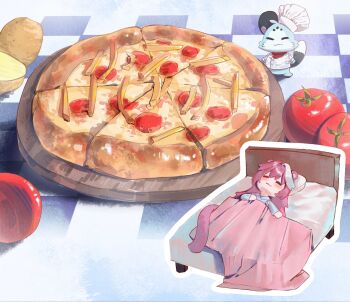 1girl :3 animal_ears chattino_(raora_panthera) cheese chef chef_hat chibi chibi_only closed_eyes closed_mouth commentary food hat highres hololive hololive_english long_hair lying multicolored_hair on_back on_bed panther_ears panther_girl panther_tail pink_hair pizza potato raora_panthera sleeping tail takopapa tomato two-tone_hair under_covers untranslatable_commentary virtual_youtuber white_hair
