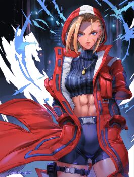 1girl abs artist_name black_shorts blonde_hair blue_eyes cammy_white coat expressionless facial_scar gloves hands_in_pockets hashtag-only_commentary highres jewelry looking_at_viewer mitsu_plus muscular muscular_female navel necklace red_coat scar scar_on_cheek scar_on_face shorts solo street_fighter street_fighter_6 twitter_username