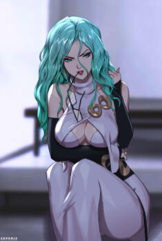 1girl arm_sleeves arm_under_breasts bare_shoulders breasts cleavage cleavage_cutout clothing_cutout dress glasses_in_mouth green_eyes green_hair highres large_breasts long_hair one-punch_man psykos red_lips sitting solo wavy_hair zeronis