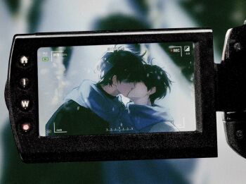 Rule 34 | 2boys, asaki an, black coat, black hair, blue scarf, camera, coat, commentary, highres, kim dokja, kiss, male focus, multiple boys, omniscient reader's viewpoint, pov, recording, scarf, short hair, snowing, symbol-only commentary, upper body, white coat, yaoi, yoo joonghyuk