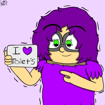 commentary dress english_commentary glasses green_eyes highres lapiscrowlime non-web_source pointing purple_dress purple_hair shaking short_hair sign tan