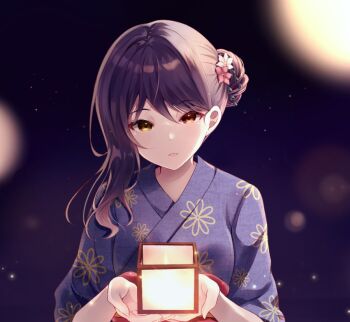 1girl alternate_costume brown_eyes gina_(gnosia) gnosia hair_between_eyes hair_bun heterochromia japanese_clothes kimono long_sleeves looking_at_viewer medium_hair night night_sky purple_hair rocomani sky smile solo upper_body yukata