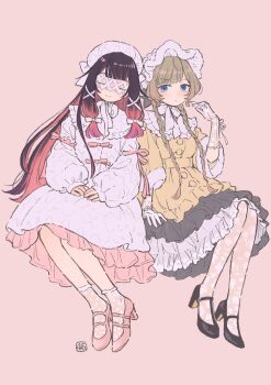 2girls artist_name black_hair black_shoes blue_eyes bow braid brown_hair closed_mouth columbina_(genshin_impact) commentary_request dress eye_mask facing_viewer frilled_dress frills full_body genshin_impact gloves hair_bow hand_up hat high_heels highres invisible_chair lace lace_gloves lace_pantyhose lace_socks long_hair looking_at_viewer mask multicolored_hair multiple_girls nail_polish pink_background pink_hair pink_nails pink_shoes sandrone_(genshin_impact) shiro_chan46 shoes simple_background sitting twin_braids two-tone_hair very_long_hair white_bow white_dress white_hat white_mask
