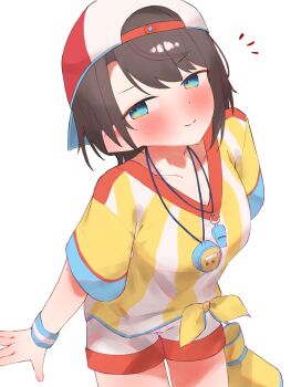 1girl absurdres backwards_hat blue_eyes blush brown_hair closed_mouth commentary_request hat highres hololive looking_at_viewer oozora_subaru oozora_subaru_(1st_costume) red_hat shirt shorts smile solo stopwatch stopwatch_around_neck striped_clothes striped_shirt tepenchi virtual_youtuber watch whistle whistle_around_neck white_shirt white_shorts yellow_shirt