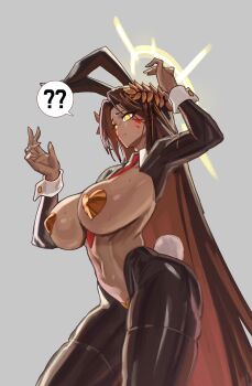 1girl ? ?? absurdly_long_hair between_breasts breasts brown_hair commentary dark-skinned_female dark_skin detached_collar emperor_of_mankind english_commentary facial_mark genderswap genderswap_(mtf) halo halo_behind_head head_wreath heart_pasties highres large_breasts laurel_crown long_hair maebari navel necktie pasties podobrick red_necktie reverse_bunnysuit reverse_outfit solo speech_bubble very_long_hair warhammer_40k