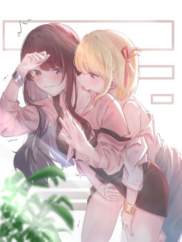 2girls absurdres bite_mark bite_mark_on_neck black_dress black_hair blonde_hair blurry blurry_foreground blush bracelet closed_mouth commentary dress fingering hair_ribbon highres inoue_takina jewelry leaf licking licking_another's_neck long_hair lycoris_recoil multiple_girls nishikigi_chisato off_shoulder one_side_up pinafore_dress pink_shirt purple_eyes pussy pussy_juice pussy_juice_on_fingers reach-around red_ribbon ribbon shirt short_hair sleeveless sleeveless_dress sweat white_background white_shirt yeahuzen167 yuri