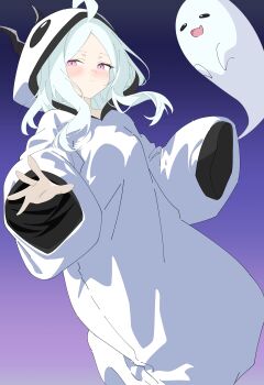 1girl absurdres ahoge blue_archive blush breasts ghost halloween highres hina_(blue_archive) k41to long_hair looking_at_viewer purple_eyes simple_background small_breasts white_hair