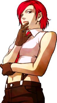 1girl breasts female_focus formal_clothes gloves leather looking_at_viewer medium_breasts pale_skin pants red_eyes red_hair shirt short_hair standing suspenders the_king_of_fighters vanessa_(kof) white_shirt wide_hips