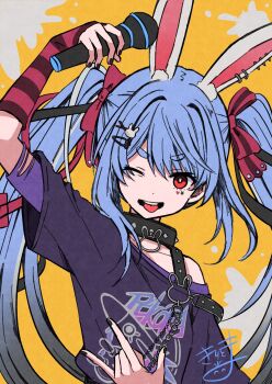 1girl absurdres animal_ear_fluff animal_ears arm_up bare_shoulders black_collar black_hair black_nails blue_hair bow collar commentary_request facial_mark hair_bow highres holding holding_microphone hololive kiritoma long_hair looking_at_viewer microphone multicolored_hair nail_polish off_shoulder official_alternate_costume one_eye_closed orange_background purple_shirt rabbit_ears red_bow red_hair shirt short_eyebrows short_sleeves signature solo streaked_hair striped_bow teeth thick_eyebrows tongue tongue_out twintails upper_body upper_teeth_only usada_pekora usada_pekora_(11th_costume) v-shaped_eyebrows very_long_hair virtual_youtuber white_hair