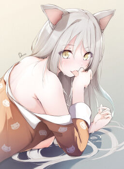 1girl :p alternate_breast_size animal_ears bare_shoulders black_hanekawa blouse breasts breasts_out cat_ears commentary_request dermar gradient_background grey_background grey_hair hair_between_eyes hanekawa_tsubasa highres long_hair looking_at_viewer lying medium_breasts monogatari_(series) nipples off_shoulder on_back open_clothes open_shirt orange_pajamas pajamas revision shirt solo tongue tongue_out upper_body
