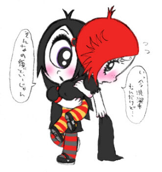 2girls 4kaku3kaku ahoge black_dress black_eyes black_hair black_shoes blush carrying carrying_person cyclops dress flying_sweatdrops iris_(ruby_gloom) long_hair lowres multiple_girls one-eyed open_mouth orange_thighhighs pantyhose puffy_sleeves red_hair red_pantyhose ruby_gloom ruby_gloom_(character) shoes short_hair short_sleeves speech_bubble striped_clothes striped_pantyhose striped_thighhighs text_focus thighhighs translation_request white_background