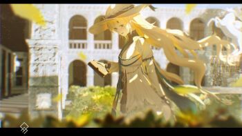 1girl absurdres artist_logo blonde_hair blue_eyes blue_sash blue_sky blurry blurry_background book commentary commentary_request day english_commentary from_side hair_ornament hat high-waist_skirt highres holding holding_book letterboxed logo long_hair long_sleeves mixed-language_commentary outdoors partial_commentary phoebe_(wuthering_waves) quragenomiken sash shirt skirt sky smile solo white_hat white_shirt white_skirt wuthering_waves x_hair_ornament