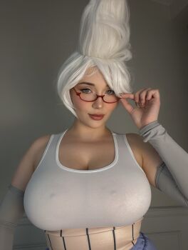 1girl angelicfukdoll ayase_seiko ayase_seiko_(cosplay) breasts cosplay cosplay_photo covered_erect_nipples dandadan glasses highres huge_breasts large_breasts long_hair looking_at_viewer photo_(medium) strip_tease teasing upper_body white_hair wig