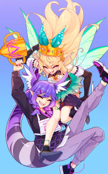 2girls :d bare_legs blonde_hair blue_background braid closed_eyes commentary crown english_commentary fairy_wings gradient_background grey_pants hair_ornament hairclip happy head_wings high_heels highres holding holding_trophy long_pointy_ears multiple_girls nail_polish nijisanji nijisanji_en open_mouth pants pointy_ears pomu_rainpuff pomu_rainpuff_(1st_costume) purple_background purple_hair purple_nails ricegnat selen_tatsuki selen_tatsuki_(1st_costume) shoes simple_background smile sneakers tail trophy twin_braids virtual_youtuber wings