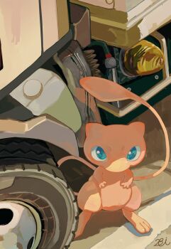 bbibebe blue_eyes full_body garage gen_1_pokemon highres legendary_pokemon looking_at_viewer mew_(pokemon) mythical_pokemon nintendo no_humans pink_fur pokemon pokemon_(creature) pokemon_focus solo tail unused_tire