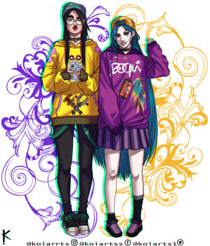 2girls artist_name bandaid bandaid_on_cheek bandaid_on_face belt black_choker black_pants caitlyn_(league_of_legends) choker ear_piercing earrings explosive full_body glasses green_belt green_footwear green_hair grenade hand_up highres holding holding_phone hood hoodie jewelry jinx_(league_of_legends) koiarts league_of_legends long_hair looking_at_viewer miniskirt multicolored_background multiple_girls nail_polish one_eye_closed orange_headwear pale_skin pants phone piercing pink_eyes pleated_skirt purple_background purple_hoodie purple_skirt red_lips round_eyewear skirt teeth white_background wrench yellow_background yellow_hoodie yellow_nails