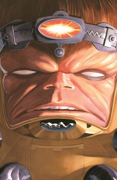1boy absurdres alex_ross armor brown_hair comic_cover cover cover_page cowboy_shot forehead_protector grey_leggings highres leggings male_focus marvel modok no_pupils official_art open_mouth realistic short_hair short_male solo teeth western_comics_(style) wrinkled_skin yellow_armor