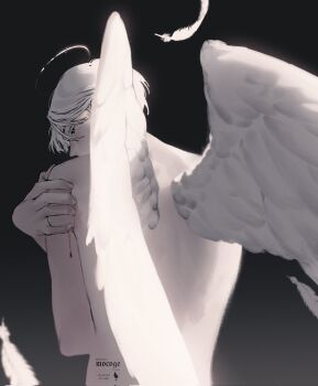 Rule 34 | 1boy, angel wings, artist name, back, black background, black eyes, blood, blood on arm, bloom, completely nude, facing away, falling feathers, feathers, foreshortening, gradient background, halo, hand on own shoulder, head tilt, highres, nude, okogeokogeokoge, original, overexposure, parted bangs, sidelighting, skindentation, upper body, watermark, white feathers, white hair, white halo, wings