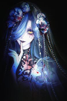 1girl absurdres asymmetrical_bangs black_background blood blood_in_hair blood_on_face blood_on_flower blood_splatter blue_flower blue_hair blue_rose bridal_veil finger_to_mouth flower graves_(path_to_nowhere) grey_lips hair_flower hair_ornament highres light_particles looking_at_viewer one_eye_covered pale_skin parted_lips path_to_nowhere pearl_hair_ornament rose simple_background smile solo teardrop_facial_mark upper_body veil yellow_eyes yu_zhezhe