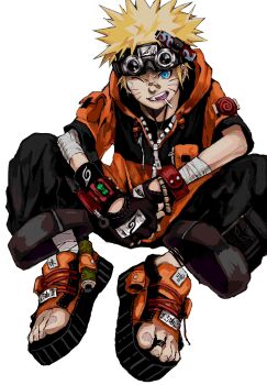 1boy adapted_costume bandaged_arm bandaged_leg bandages bandaid bandaid_on_cheek bandaid_on_face bandaid_on_nose black_gloves black_jacket black_pants blonde_hair blue_eyes bracelet commentary english_commentary facial_mark fingerless_gloves gloves goggles goggles_on_head grin highres hood hood_down hooded_jacket jacket jewelry konohagakure_symbol lollipop_in_mouth male_focus multicolored_jacket naruto_(classic) naruto_(series) necklace nu_punxxxz orange_jacket orange_shoes pants platform_sandals sandals shirt shoes short_hair short_sleeves simple_background sitting smile solo spiked_hair two-tone_jacket uzumaki_naruto v-shaped_eyebrows whisker_markings white_background wristband