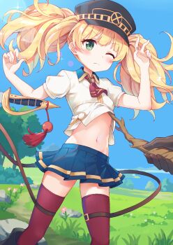1girl ascot black_hat blonde_hair blue_skirt blue_sky branch closed_mouth clothes_lift collared_shirt day female_focus green_eyes hands_up hat highres lifting_another&#039;s_clothes long_hair looking_at_viewer midriff miniskirt monika_weisswind navel one_eye_closed outdoors peaked_cap pleated_skirt princess_connect! rapier red_thighhighs shirt shirt_lift short_sleeves skirt sky solo sparkle strap sunlight sword tassel thighhighs twintails weapon white_shirt xuan_chu zettai_ryouiki