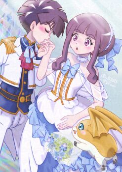 1boy 1girl amanokawa_hiro bare_shoulders blue_eyes blush bow bowtie brown_hair closed_eyes digimon digimon_(creature) digimon_ghost_game dress head_wings jacket kiss kissing_hand long_hair open_mouth pants patamon pink_eyes shirt smile tsukaima_(vfcou) tsukiyono_ruli wings