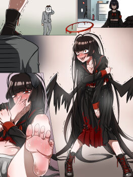 1boy 2girls barefoot black_hair black_shirt black_skirt black_wings blue_archive bow bowtie commentary_request doodle_sensei_(blue_archive) feet grey_panties halo highres long_hair long_sleeves mashiro_(blue_archive) multiple_girls open_mouth panties red_bow red_bowtie red_eyes s_fetish_taro sensei_(blue_archive) shirt skirt smell soles textless_version toes tsurugi_(blue_archive) underwear very_long_hair wings